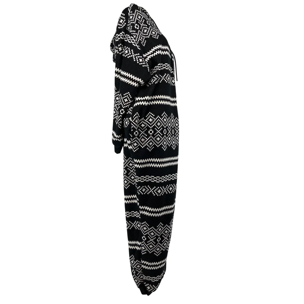 Fabletics Hooded Jumpsuit Women XL Black White Fair Isle Excellent Zip Front